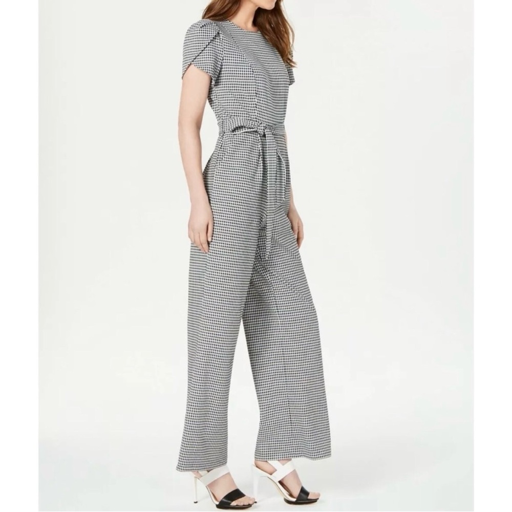 NWT Calvin Klein Tulip Sleeve Gingham Pattern Jumpsuit Tie Waist Pockets Size 12